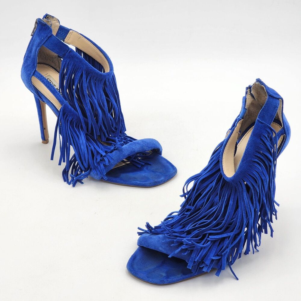 Steve Madden Fringly Funky Fringe Suede Pump Heels Boho Glam Royal Blue Size 9